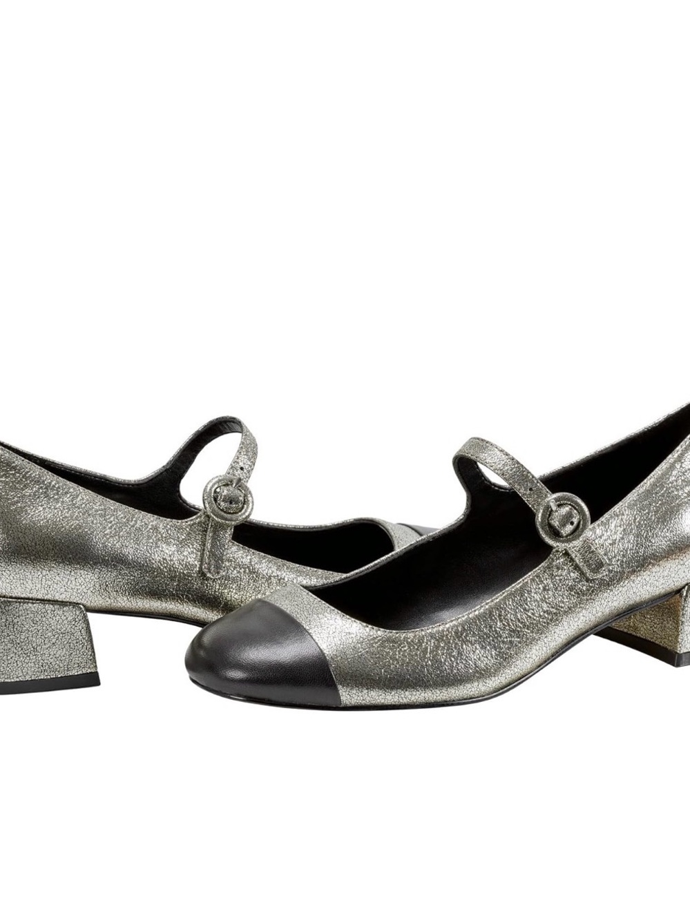 Marc Fisher LTD Marla Silver Mary Jane Block Heel Pumps with Black Cap Toe NWT